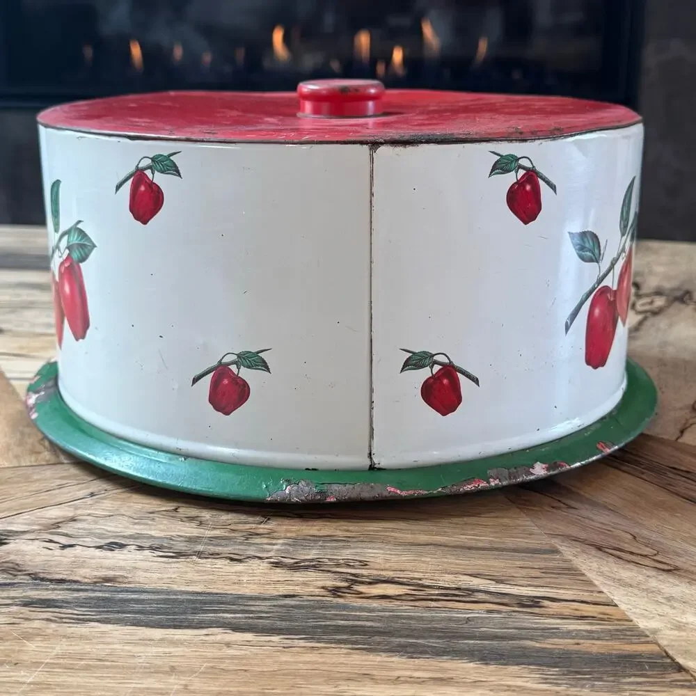 Vintage Decoware Tin Cake Carrier 1950s Metal Keeper Apple Litho Mid Century